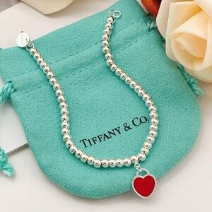 Tiffany & Co. Silver Bead Bracelet with Red Heart Charm